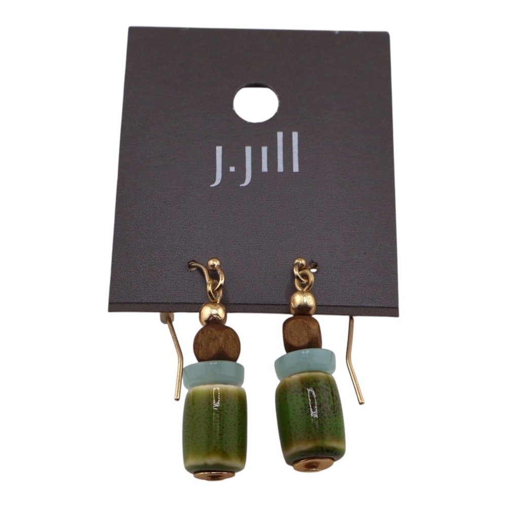 J Jill Earthy Drop Earrings Olive Green Ceramic Wood Seafoam Bead Boho NWT - Picture 2 of 3